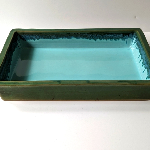 Mid Century O.M.C. Japan Signed Ikebana Suiban Bonsai Tray Bright Blue and Green - Picture 5 of 8